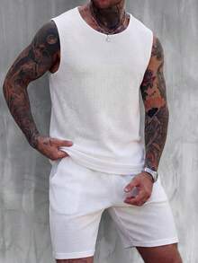 Bộ đồ nam gồm áo tank top không tay và quần short dệt kim kiểu waffle, trang phục hai mảnh phong cách đường phố thường ngày, thích hợp cho mùa hè. - trắng - Xem 1
