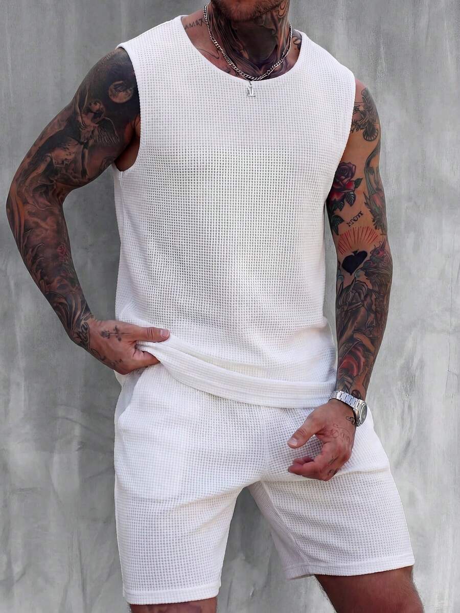 Bộ đồ nam gồm áo tank top không tay và quần short dệt kim kiểu waffle, trang phục hai mảnh phong cách đường phố thường ngày, thích hợp cho mùa hè. - trắng - Xem 1