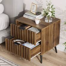 Modern Bedside Table With Recessed Design And Two Drawers, Suitable For Bedrooms, Hallways, Living Rooms And Children's Rooms, Walnut, 45 X 40 X 53 Cm, 1 Piece - Walnut Wood + Medium Density Fiberboard - View 3