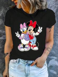 Disney 一件女士短袖T恤，米妮和黛丝鸭图案印花，圆领，弹力面料，易于打理，适合日常穿着，时尚女士短袖T恤，休闲服饰 - 黑色 - 查看 3