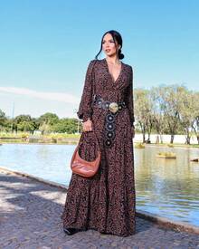 Joceli Long Dress With Floral Print, All-Over Bolero Fabric, For All Evenings. - 黑色和紅色 - 查看 1