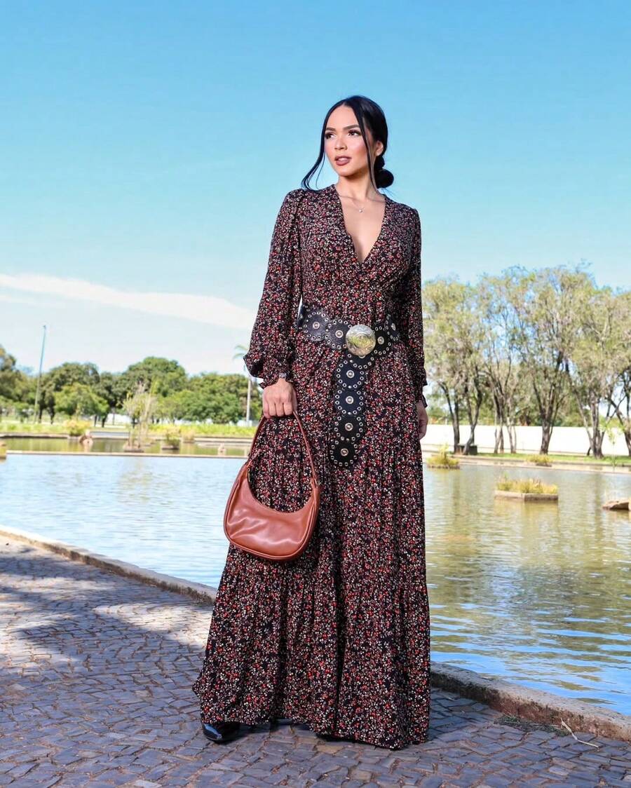 Joceli Long Dress With Floral Print, All-Over Bolero Fabric, For All Evenings. - 黑色和紅色 - 查看 1