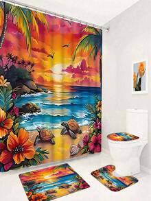 1/4 Piece Bathroom Set, Hibiscus Flower, Seashell, Sea Turtle, Tropical Plants, Ocean, Coastal Blue Green Yellow Pink Shower Curtain, Machine Washable For Summer, Bathroom Use, Includes 12 Hooks, Non-Slip Bath Mat, U-Shaped Toilet Lid Cover - A - View 22