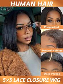 5x5 透明蕾丝闭合假发 真人发 即戴即用 无胶波波头假发 直发闭合假发 预剪裁 自由分缝假发 女士款 自然黑 180% 密度 - Natural Black - 查看 3