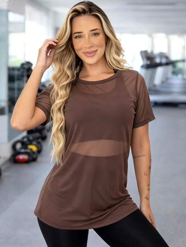 Blusa Feminina Moda Academia Transparente Fitness Tule Luxo