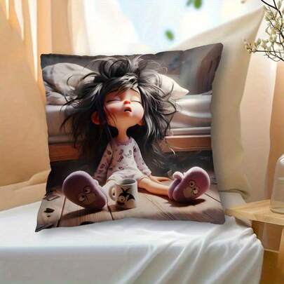 1pc Bohemian Style Cartoon Character With Closed Eyes Short Plush Pillowcase 17.7x17.7 Inch, Zipper Closure Machine-Washable Sofa Cushion Cover For Living Room, Bedroom, Office Decor (No Insert), Bohemian Sofa Cover, Cozy Feel Fabric