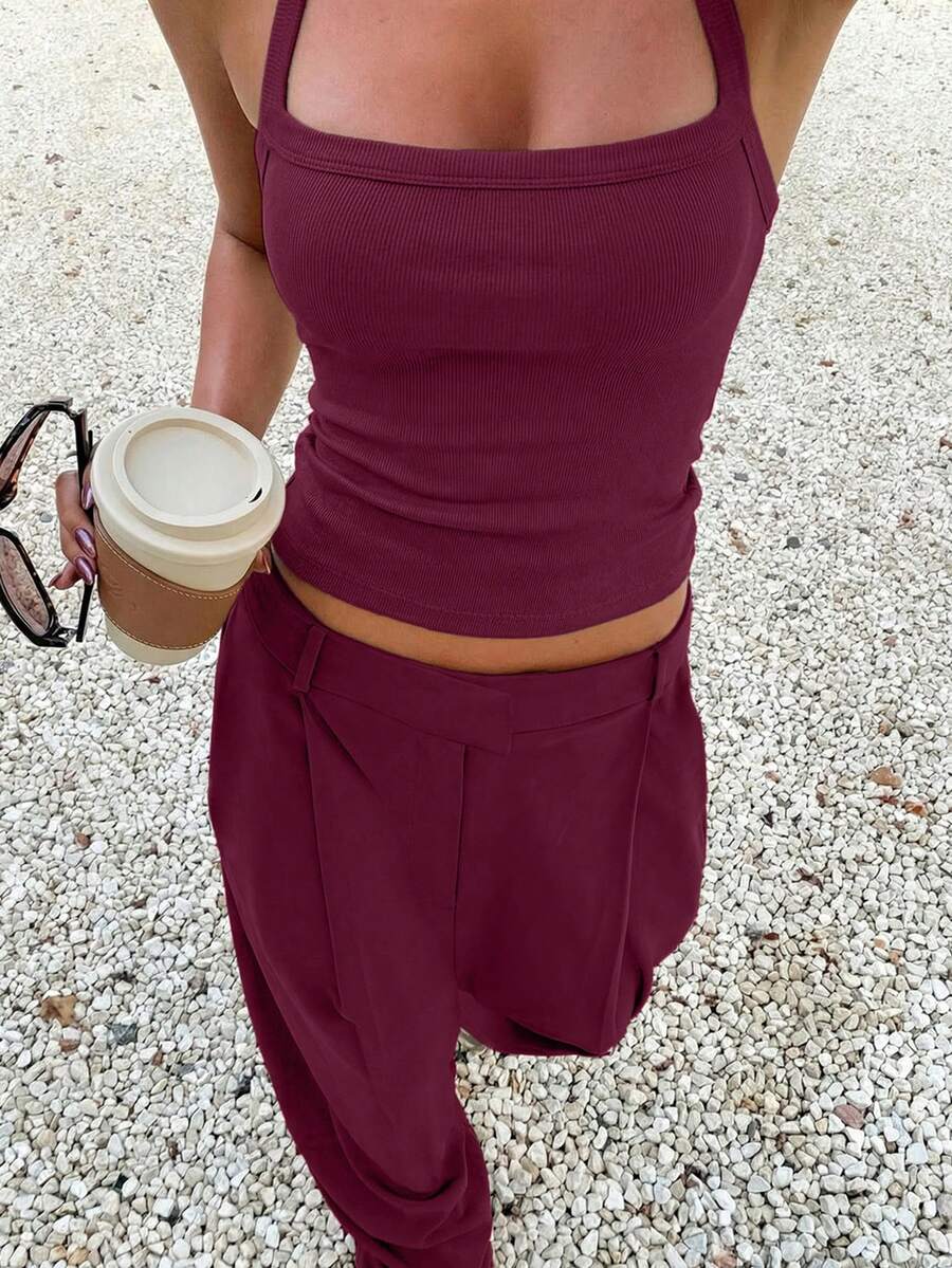 Women's Casual Sleeveless Crop Top & Loose Matching Set, Fashion Vacation Outfit, Spring/Summer - Burgundy - View 1