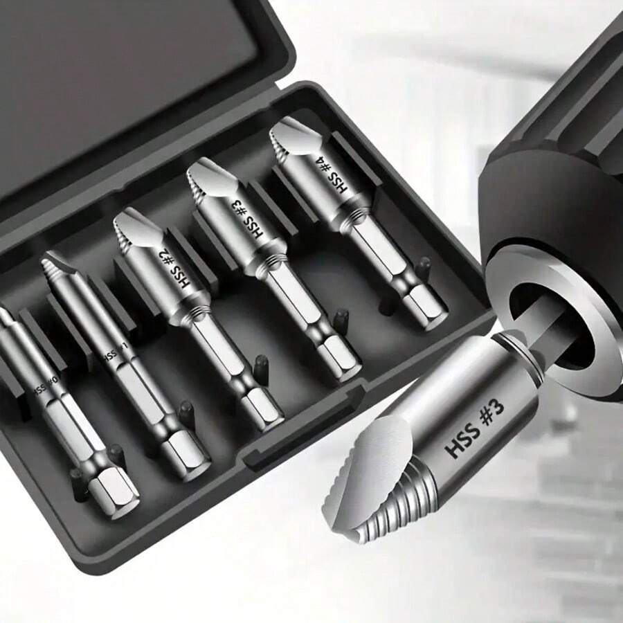 5件套损坏螺丝取出器钻头，高速钢材质，轻松取出卡住的侧钻断裂螺丝和螺栓 - 多色 - 查看 1