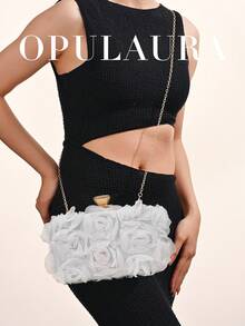 OpulAura 优雅玫瑰花图案晚宴包，女士正式派对手提包，甜美女孩斜挎包，纯色手拿包，新娘钱包（图案随机），适合作为节日礼物 - 白色 - 查看 8