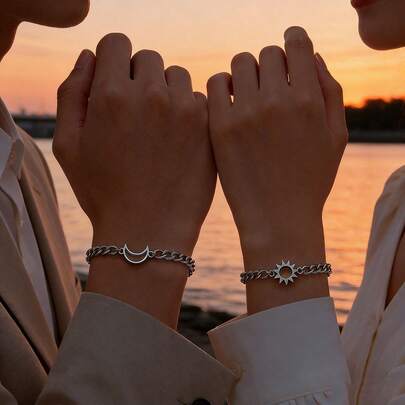 日月情侣手链套装（2件装） - 不锈钢链手链，男女通用，简约情侣饰品