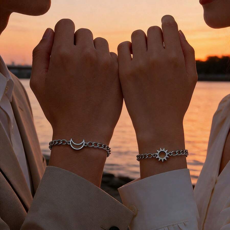 日月情侣手链套装（2件装） - 不锈钢链手链，男女通用，简约情侣饰品 - 2604B5-RY - 查看 1