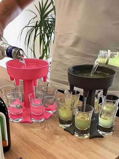 小酒杯分配器和支架 - 派对饮品套装，适用于烈酒，酷炫玻璃小酒杯游戏配件，喷泉造型趣味6件套酒吧用品，坚固耐用，精准倾倒，独特的生日派对神器，派对友好型酒杯，适用于派对、婚礼和酒吧 - 可清洗分配器（无需组装）