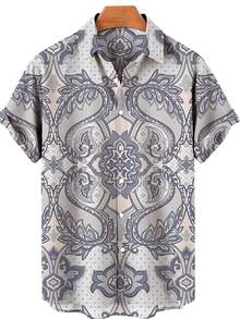 Golden Floral Compass Pattern Radiates Symmetry Symbolizing Direction Wisdom And Elegance For Confident Style 3D Printed Mens Short Sleeve Button Down Shirt - A508D-aT22886 - View 1