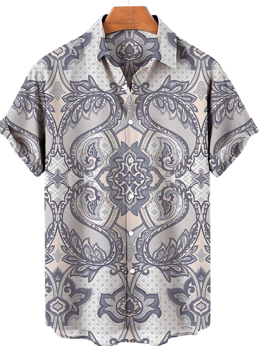 Golden Floral Compass Pattern Radiates Symmetry Symbolizing Direction Wisdom And Elegance For Confident Style 3D Printed Mens Short Sleeve Button Down Shirt - A508D-aT22886 - View 1
