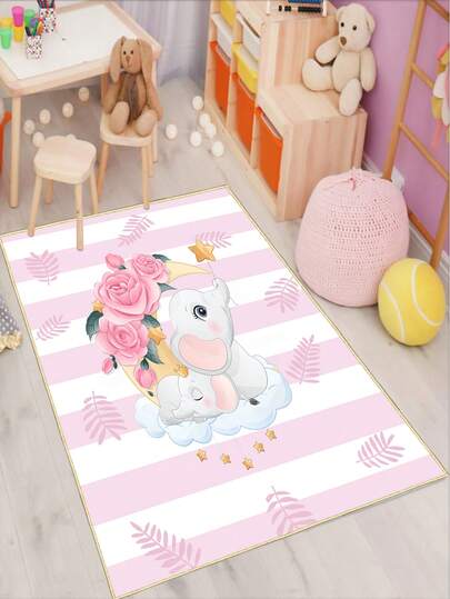 1 tấm thảm trẻ em hình voi hoạt hình dễ thương, họa tiết hoa sọc hồng, mềm mại, chống trơn trượt, có thể giặt được, dùng trang trí phòng ngủ, phòng chơi của trẻ em, kích thước 80x160cm.