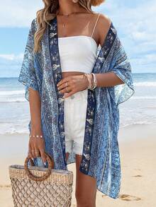 Summer Kimonos For Women Boho Floral Short Sleeve Flowy Cardigans Swimsuit Beach Cover Ups For Women - Bản in màu xanh - Xem 2