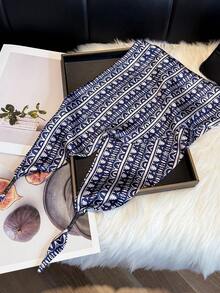 1 Pc Women's New Paisley Cashew Nuts Pattern Sunscreen Adjustable Waist Wrap Belt Fashionable Long Triangle Imitation Silk Scarf Double-Layer Scarf , Versatile Neckwear Headscarf Spring Summer Shawl Accessory. - Dark Blue Geometry - View 2