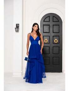 Greek Goddess Gala Dress In Tulle Without Glitter, With Capes And Invisible Zipper - Royal Blue - View 1