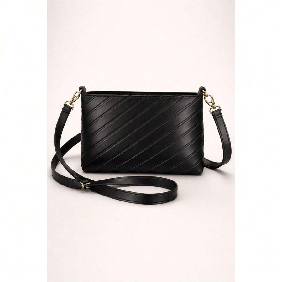 Women's Small Crossbody Zipper Bag With Modern Chain - Black - View 1