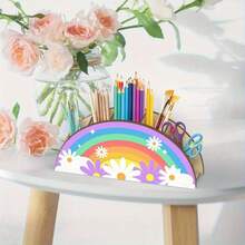 Portapenne a mezzaluna con decorazione floreale arcobaleno, contenitore multifunzione in legno, decorazione da scrivania carina per casa e ufficio - A - Visualizzare 6