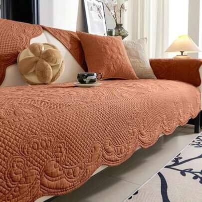 Vctops Boho Cotton Quilted Couch Cover Soft Embroidered Sofa Cover Non-Slip Dog Bed Cover Scalloped Sofa Slipcover Washable Furniture Protector Cover (Orange,28"X28")