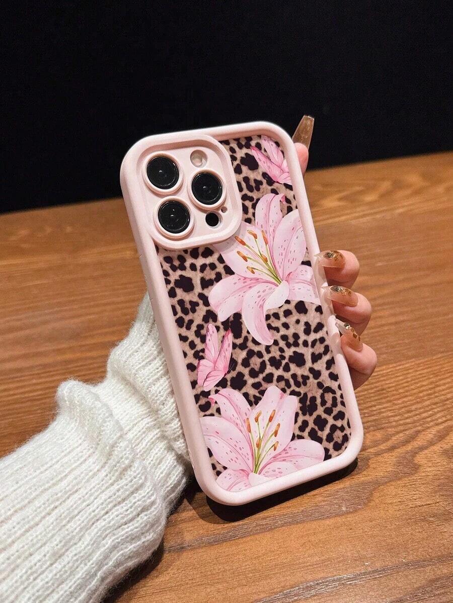 Cute Pink Lily Flower Leopard Print Fashion Phone Cases Matte Anti-Drop Phone Case Compatible With IPhone 11, 12, 13, 14, 15, 16, 13 Pro Max, 16 Plus, XR, 7, 8 Plus, 17 Pro Max, AIR Spring Gift - 1pc - View 1