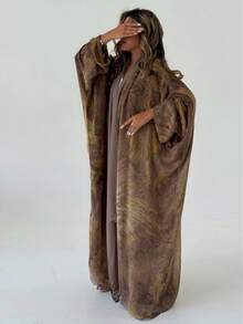 1 Women's Tie-Dye Long Cardigan With Subtle Marble Pattern, Printed Robe, Middle Eastern Arabian Dubai Bohemian Abaya Style, Multi-Color Patchwork, Elegant And Fashionable Cardigan Robe With Multi-Color Printed Pattern, Suitable For Everyday Life, Holidays And Parties. - 卡其色 - 查看 2