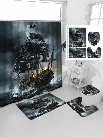 1/4pcs Pirate Ship Modern Sailboat With Cannon & Flame, Dark Storm Seascape Nautical Print Waterproof Shower Curtain Set, Tranquil Healing, Waterproof Mildew-Resistant, Thick Polyester, No-Drill Installation, Non-Slip Bath Mat, Toilet Lid Cover, Digital Printing, Fade-Resistant, Machine Washable, All Season, Holiday Limited Edition
