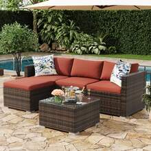 5-Piece Outdoor Sectional Sofa Set, All-Weather PE Rattan Patio Furniture With Ottoman & Tempered Glass Table, Convertible Garden Couch For Backyard, Porch, Poolside - Nâu/Đỏ rượu vang - Xem 1