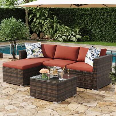 5-Piece Outdoor Sectional Sofa Set, All-Weather PE Rattan Patio Furniture With Ottoman & Tempered Glass Table, Convertible Garden Couch For Backyard, Porch, Poolside