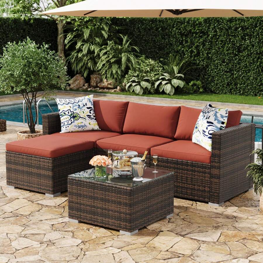 5-Piece Outdoor Sectional Sofa Set, All-Weather PE Rattan Patio Furniture With Ottoman & Tempered Glass Table, Convertible Garden Couch For Backyard, Porch, Poolside - Nâu/Đỏ rượu vang - Xem 1