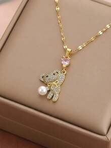 1pc Stainless Steel Zirconia Heart Gemstone Cute Bear Pendant Necklace, Delicate Fashion Jewelry Gift For Kids, Suitable For Party, Holiday And Daily Wear - Gold - View 2
