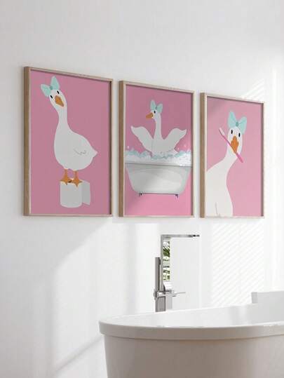 3pcs Frameless Goose Canvas Art Prints - Whimsical Pink Bathroom Decor, Waterproof & Reusable, Ideal For Living Room, Bedroom, Kitchen, Hallway - Fun Cartoon Animal Wall Posters, Bathroom Wall Art