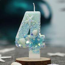1件海灘主題蠟燭，附海星與貝殼裝飾，0-9數字圖案，亮藍色與白色，適合海灘派對、泳池派對用品、室內裝飾與節日慶祝，海灘派對裝飾 | 海星蠟燭 | 海灘配件 - 生日蠟燭數字 - 查看 12