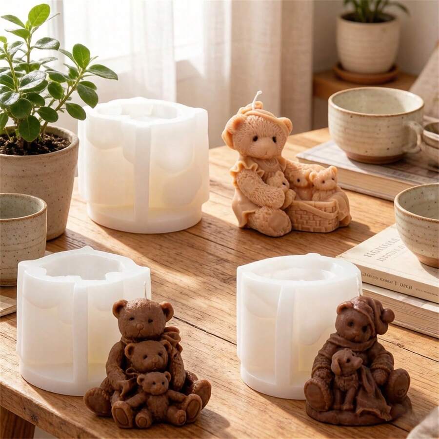 3D立体泰迪熊一家硅胶模具蜡烛 可爱泰迪熊一家蜡烛树脂浇铸模具,适用于DIY蜡烛工艺品、肥皂、独特礼品家居装饰和手工礼品 - 熊 - 查看 1
