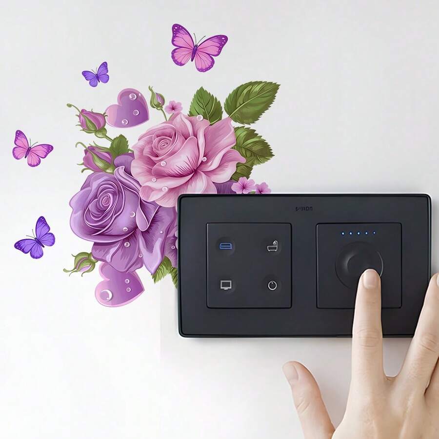 1pc Purple Rose & Butterfly Switch Sticker, Removable Floral Wall Decal, Waterproof Romantic Decoration For Light Switch And Outlet - one-size - View 1