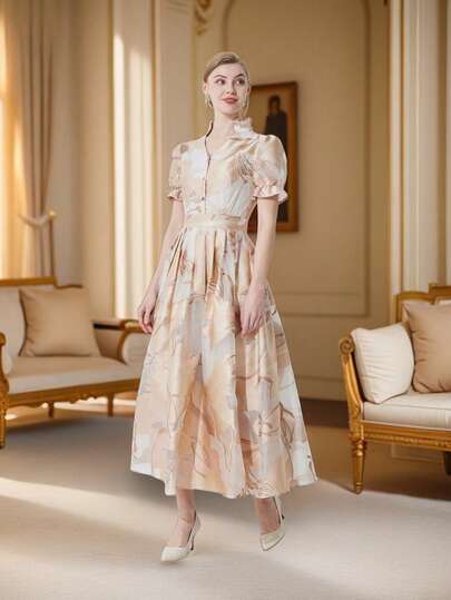 DEVCHATA Đầm xòe eo cao thanh lịch bằng vải organza, đầm dự tiệc tay ngắn cổ chữ V duyên dáng dành cho nữ với viền bèo nhún, thích hợp cho các bữa tiệc, dạ hội và các sự kiện trang trọng.