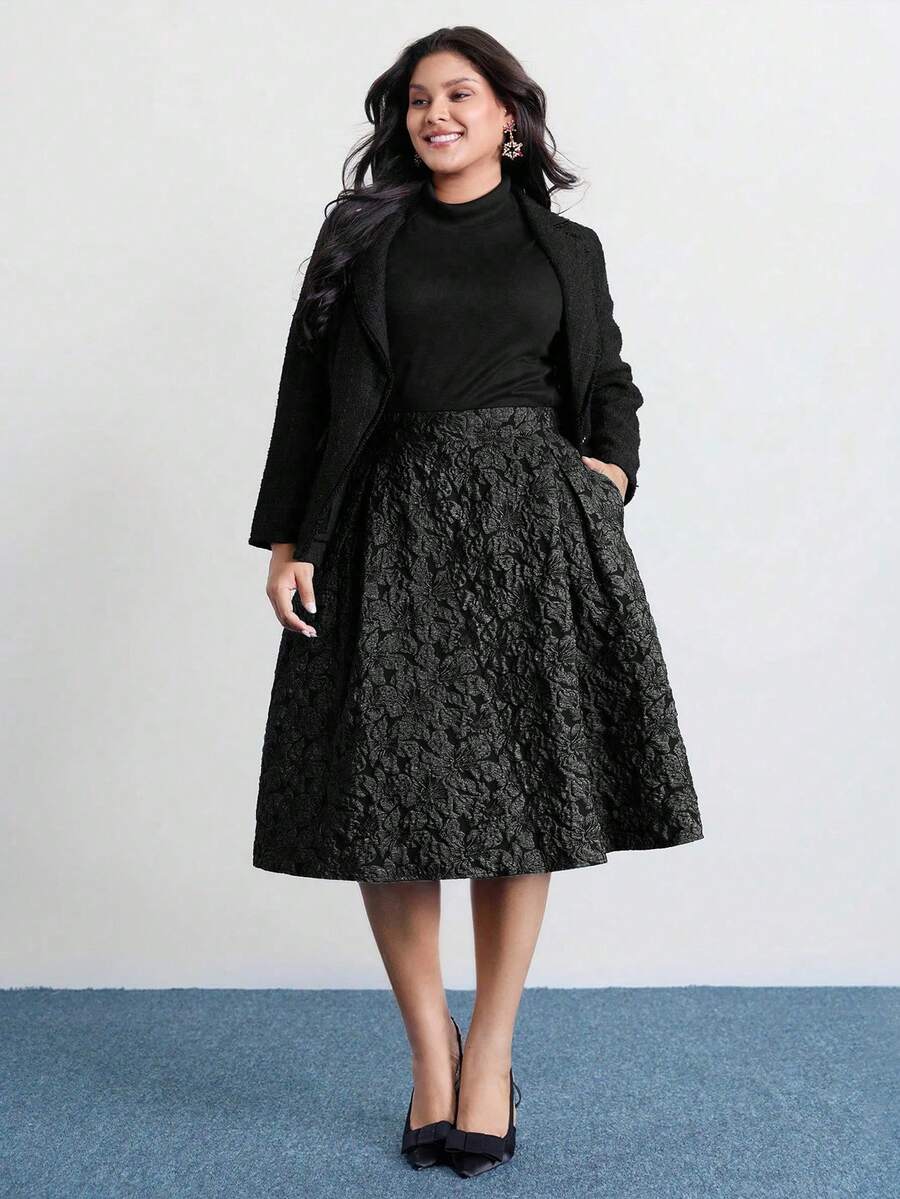 大码优雅提花半身裙，A字及膝裙，适合工作通勤，百搭实用，高弹力松紧腰带，黑色春季款 - 黑色 - 查看 1