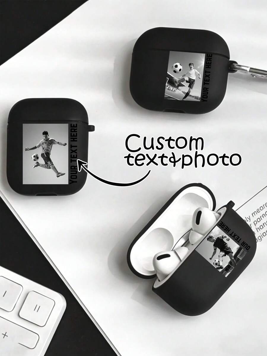 1pc Customized Name Photo Earphone Case, Customizable Text, TPU Black Matte Earphone Box Earphone Protective Shell, Personalized Design Earphone Case, DIY Anniversary, Compatible With Apple Earphone Case 1/2/3/4/Pro/Pro2, Fashion, Colorful, Minimalist, Kawaii, Cute, Customized, Personalized, Unique, Ideal Gift For Boyfriend, Girlfriend, World Cup Customized - Black - View 1