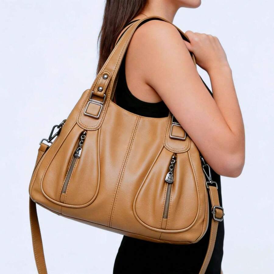 Women's Soft Leather Handbag That Can Be Used As A Shoulder Bag Or Crossbody Bag. Its Design Is Simple, Casual, Elegant And Versatile, Ideal For Middle-Aged Mothers. - 摩卡棕 - 查看 1