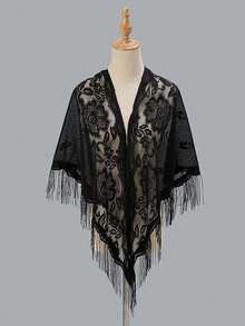 1pc Women's Hollow Tassel Design Lace Party Shawl Scarf - Black - View 1