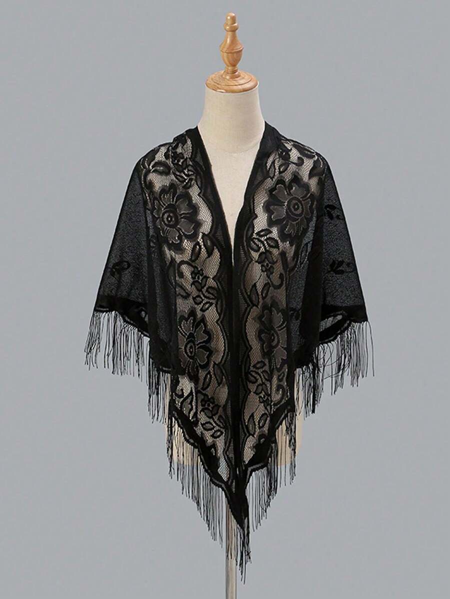 1pc Women's Hollow Tassel Design Lace Party Shawl Scarf - Black - View 1