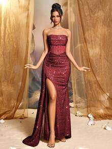 CHOSMO New Style Prom Dresses For Women Sequin Dresses For Women Elegant Dresses For Women Formal Party Maxi Dress Solid Color Shiny Elegant Heavy Wedding - Burgundy - View 5