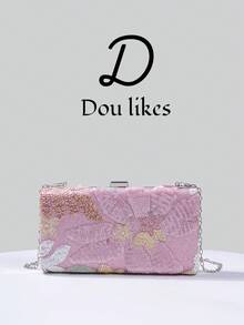 1pc Sequin Embroidered Evening Clutch Bag, Floral Sequin & Embroidery Design, Elegant Engagement Handbag For Cheongsam Dress, With Metal Chain, Suitable For Party, Wedding, Prom, Banquet - Hồng - Xem 11