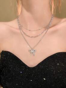 New Arrival Multi-Layer Rhinestone Bow Tie Choker Necklace For Women, Luxury Minimalist Delicate Necklace - Silver - View 5