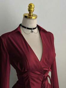 Sexy Collared Side Lace-Up Waist Slim Fit Long Sleeve Blouse For Women - Burgundy - View 4