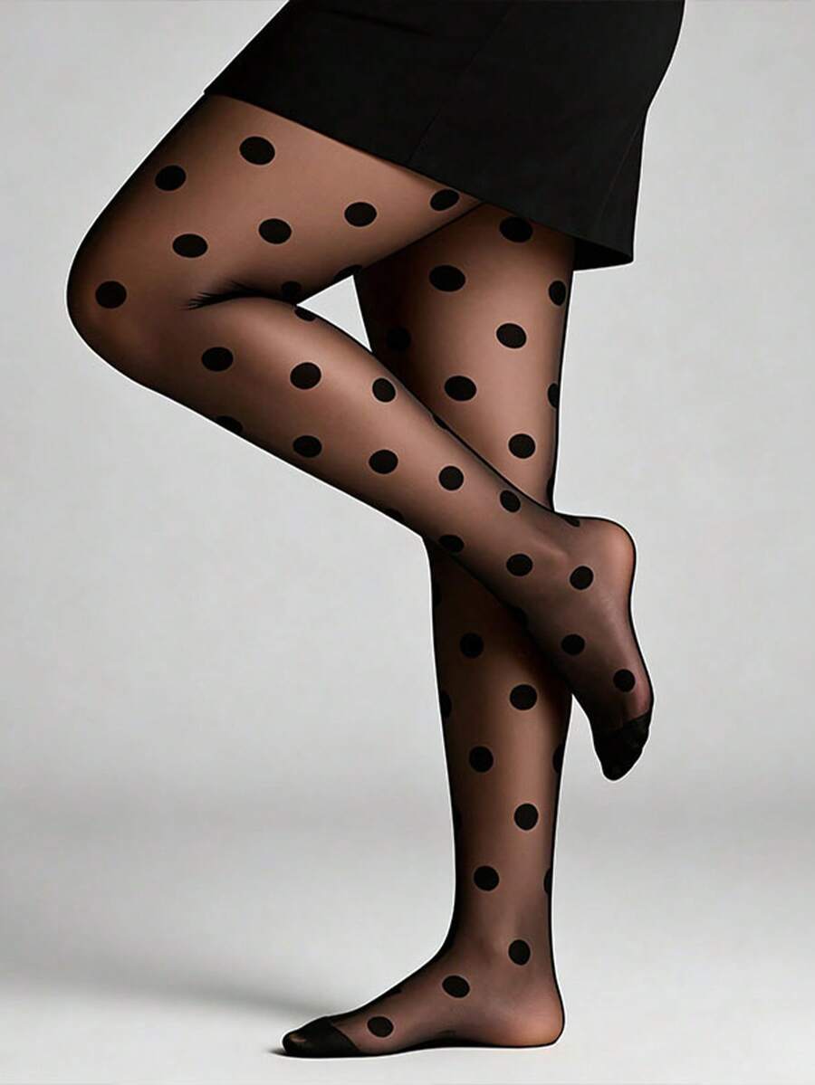 1双女士黑色大波点连裤袜，高腰修身，弹力柔软面料，轻盈透气设计，复古百搭款 - 黑色 - 查看 1