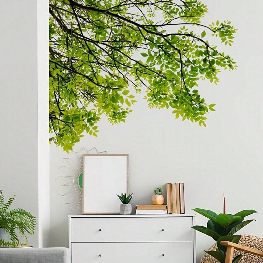 2pcLarge Green Tree Branch Wall Sticker Removable Self-Adhesive Leaf Mural For Living Room Bathroom Sofa Background Aesthetic Nature Wall Art Home Decor Wallpaper DIY - Green Leaf Wall Stickers - View 1
