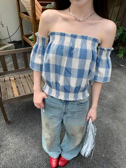 复古格纹露肩休闲百搭女式上衣，夏季