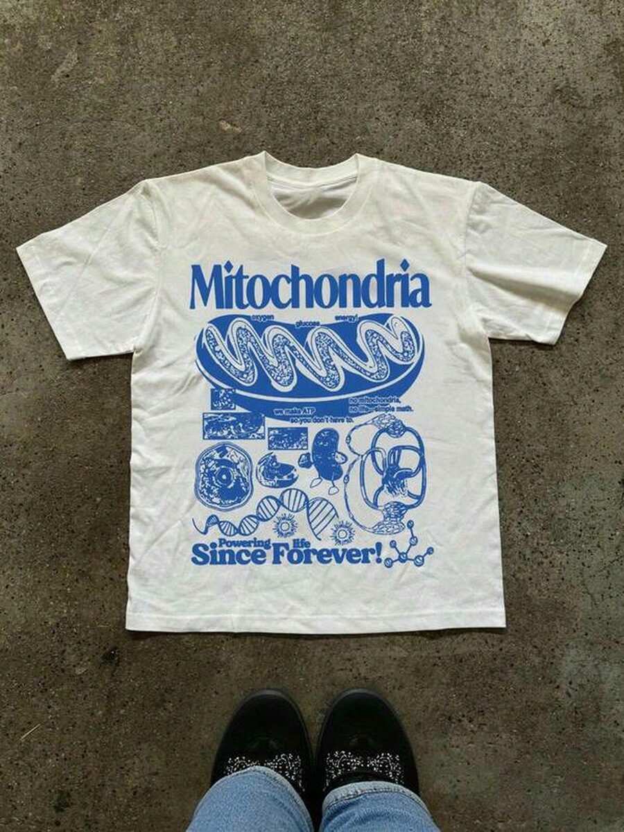 Festival Outfits For Women[New Products Arrive With Great Power]Mitochondria Graphic Tee - Stylish White T-Shirt With Blue Text And Intricate Illustration Of Mitochondrion |   Features Diagrammatic Graphics Of Cellular Structures & DNA |   Perfect For Science Enthusiasts And Casual Wear, Only One Piece Of ClothingUnisex T-Shirts For Summer Outingssummer Clothes - 白色 - 查看 1